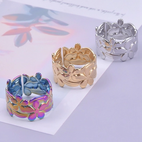 Minimalistischer 304 Edelstahl Blumen Ausschnitt Offener Ring Für Damen Herren Mode Verstellbarer Blumenmuster Bandring Schmuck