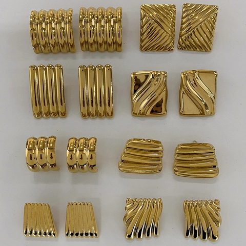 18K Vergoldete Edelstahl Ohrringe Geometrische Wellentextur Quadratisch Trapez Vertikale Streifen Minimalistischer Vintage Stil