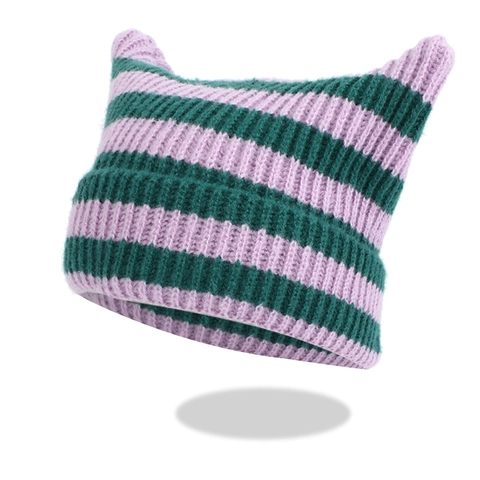 Gorro De Punto Con Orejas De Gato Rayas Acrílico Cálido Invierno Gótico Lindo Para Mujer