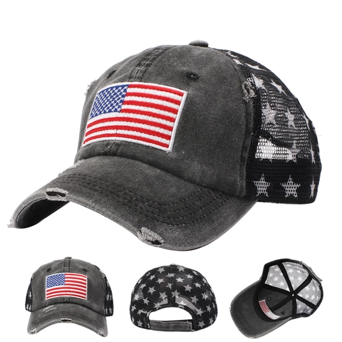 Distressed Baseball Cap Washed Cotton Polyester Mesh American Flag Embroidery Star Print Trucker Hat Vintage Retro Unisex