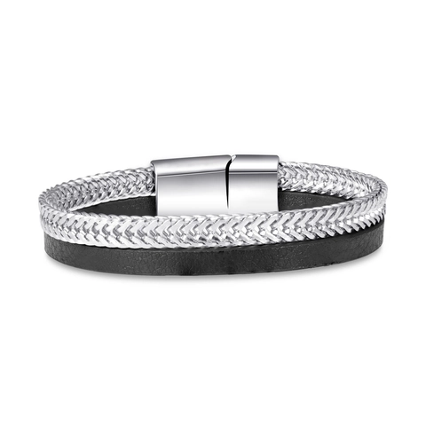 Double Layer Men Bracelet Stainless Steel Braided Metal And PU Leather Magnetic Clasp Fashion Punk Jewelry