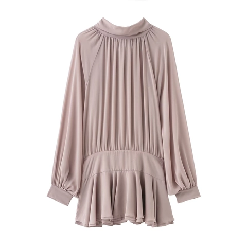 Elegant Women Chiffon Mini Dress Long Lantern Sleeve Tie Neck Bow Pleated Ruffle Hem Solid Color Retro Flowy