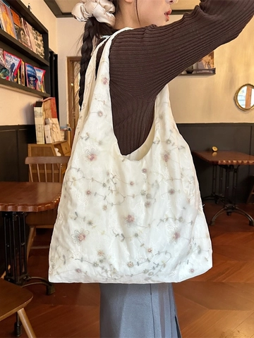 Grand Sac Fourre-Tout En Dentelle À Broderie Florale Style Vintage Gaze Sac À Main Pour Femmes Travail Quotidien