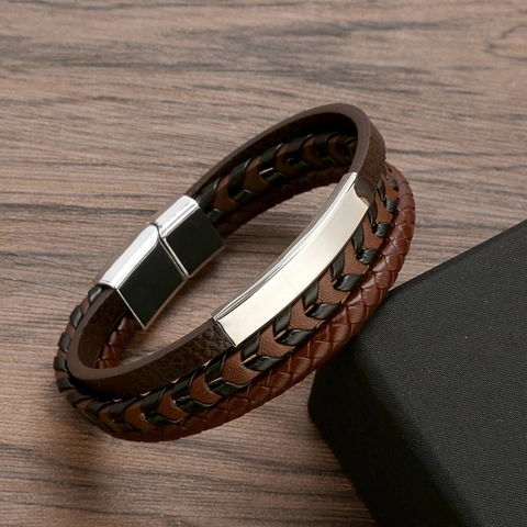 Bracciale Multistrato In Pelle Intrecciata Da Uomo Con Chiusura Magnetica In Acciaio Inossidabile Moda Minimalista Trendy