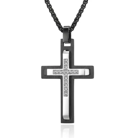 Gelaagde Kruis Hanger Ketting Voor Heren Roestvrij Staal Titanium Staal Cubic Zirconia Hip Hop Trendy Sieraden