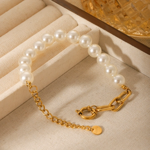 Bracciale Splicing Künstliche Perle Acciaio Inossidabile Placcato Oro 18K Fibbia Rotonda Geometrica Catena Croce Gioielli Eleganti Donna