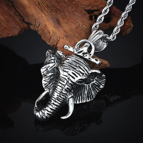 Men Hip Hop Elephant Head Pendant Necklace Titanium Stainless Steel Silver Animal Punk Gothic Jewelry For Husband