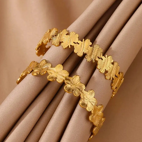 Bracelet Jonc Ouvert En Acier Inoxydable Plaqué Or 18K Pour Femmes Motif Fleur Feuille Papillon Plume