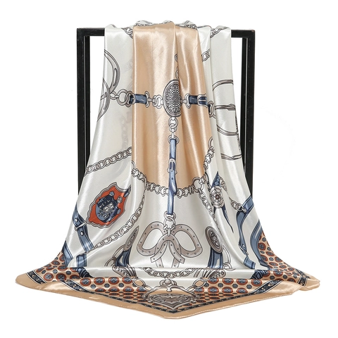 Women Vintage Satin Silk Like Square Scarf 90x90cm Floral Paisley Chain Print Fashion Neck Head Scarf For Daily Office Dress