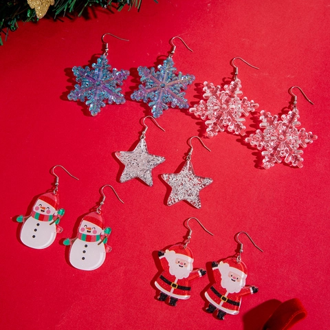 Boucles D Oreilles Noël Femmes Filles Résine Acrylique Flocon De Neige Père Noël Bonhomme De Neige Bijoux Avec Crochet Fer