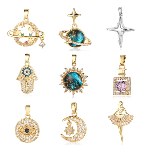 Himmelskörper Planet Mond Stern Sonne Böser Blick Hamsa Hand Anhänger Kupfer Zirkonia Emaille Anhänger Für Schmuck Frauen