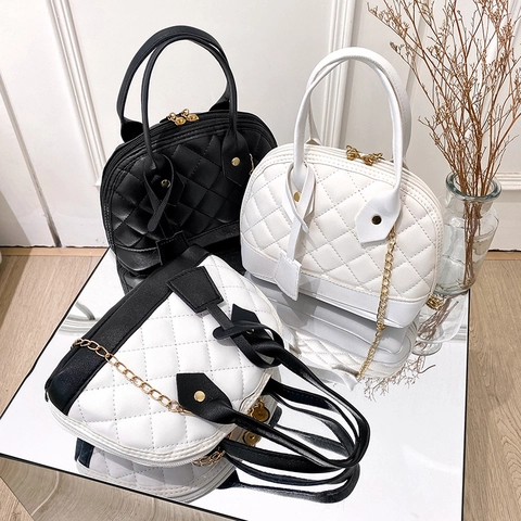 Women Quilted Rhombic PU Leather Crossbody Bag With Metal Chain Shell Shape Color Block Fashion Handbag Elegant Purse