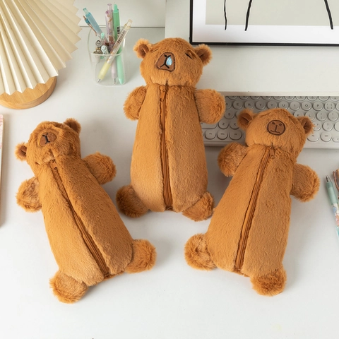 Astuccio Per Matite In Peluche Marrone Forma Animale Borsa Per Cancelleria Grande Capacità Organizzatore Per Scuola Ufficio Morbido