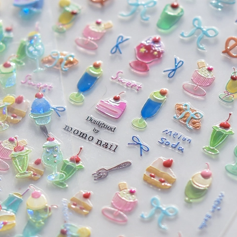 Tomoni Dulces Calcomanías para Uñas con Relieve 3D Postre Kawaii Bebida Fría Fresa Lazo Calcomanías Autoadhesivas para Uñas Mujer Niños