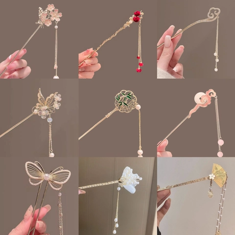 Hair Stick Alloy Faux Artificial Pearl Tassel Chinese Style Vintage Floral Butterfly Accessory Women Elegant Hanfu Headpiece