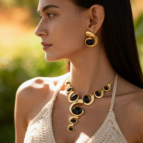 Collana E Orecchini In Lega A Spirale Geometrica Retro Con Pietre Preziose In Resina Ovale Nera Gioielli Per Donna