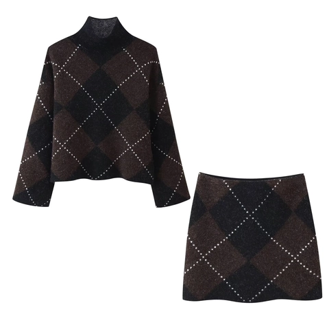 Tenue Tricot À Losanges Femme Pull À Col Roulé Manches Longues Et Mini Jupe Streetwear Vintage Polyester