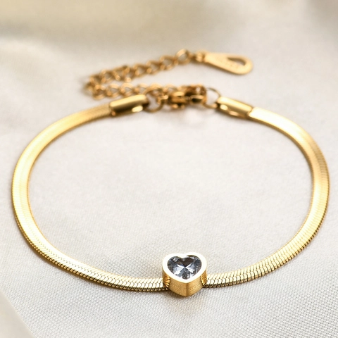 Fashion Gold Plated Stainless Steel Snake Chain Bracelet With Rhinestone Heart Pendant Elegant Heart Jewelry For Women