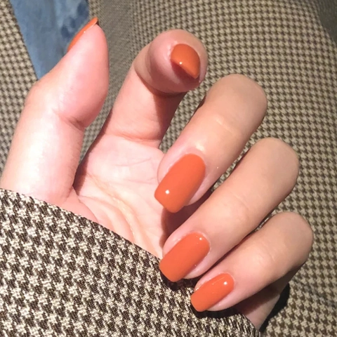 Unghie Finte A Pressione Quadrate Rosso Arancio Lucido Medie Unghie Artificiali Per Donne Resina