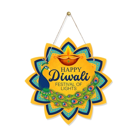 Happy Diwali Türhänger Schild Karton Mandala Ganesha Diya Pfauenmuster Lichterfest Haus Party Dekoration
