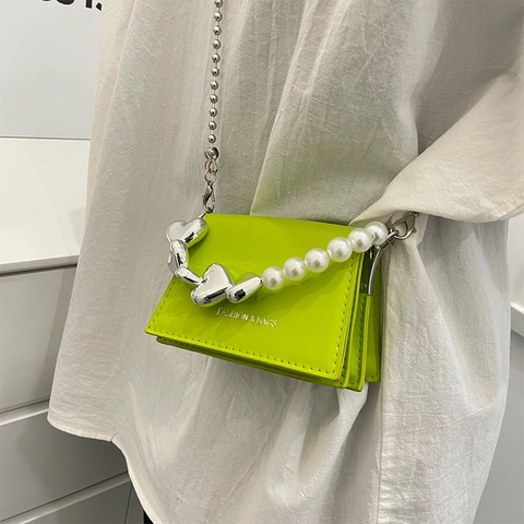 Mini Borsa A Mano Donna Pelle PU Borsa A Tracolla Manico Cuore Perla Artificial Piccola Borsa Quadrata Accessorio Alla Moda