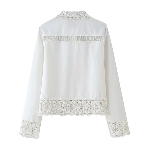 Witte Blouse Met Lange Mouwen En Gehaakte Kant Trim Reverskraag Knoopsluiting Polyester Shirt Dames Elegant