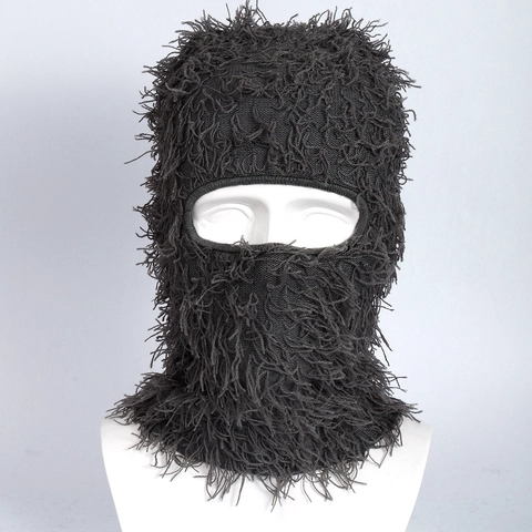 Knitted Distressed Balaclava Furry Fringe Ski Mask Winter Warm Full Face Cover Halloween Party Costume Hat