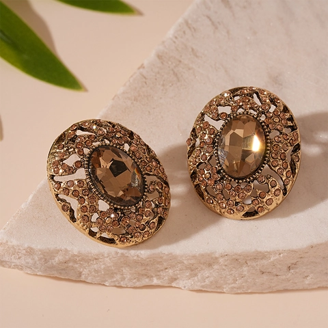 Vintage Ovale Oorknopjes Met 925 Sterling Zilveren Steker Holle Legering Amber Strass Hof Stijl Voor Dames