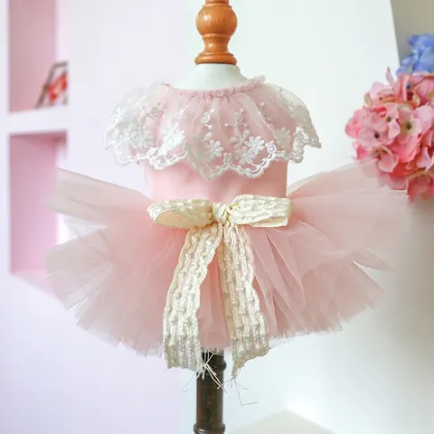 Pet Dog Cat Princess Dress Lace Mesh Tutu Skirt Pink Bow Elegant Fairy Puppy Wedding Party Apparel