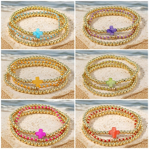 Gstapelte Perlenarmbänder Für Damen Mit Legierung Goldperlen Und Synthetischem Stein Kreuzanhänger Elastischer Boho Strand Schmuck