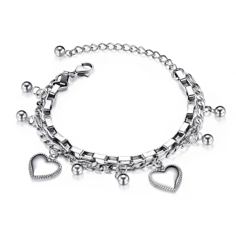 Stainless Steel Double Layer Chain Bracelet With Heart Charm And Beads Elegant Adjustable Fashion Jewelry For Women