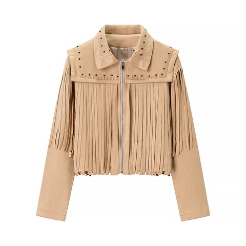 Chaqueta Vintage de Gamuza con Borlas para Mujer Abrigo Biker Corto de Flecos Western con Remaches Cremallera Solapa Streetwear