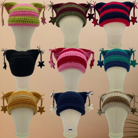 Handmade Crochet Cat Ear Beanie Hat With Star Charms Striped Winter Warm Knit Hat For Women Y2K Punk Tassel Pullover Cap