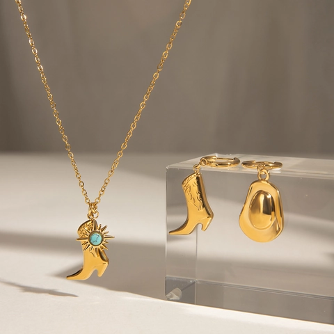 Cowboy Boot Hat Pendant Jewelry Set Gold Plated Stainless Steel Turquoise Necklace Earrings Western Style Accessory Women