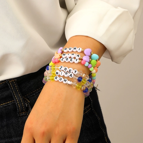 Conjunto de Pulseras Elásticas con Cuentas de Colores Estilo K-POP para Mujer con Letras Corazón Cuentas de Cristal Acrílico Joyería