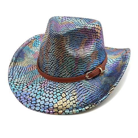 Iridescent Snake Pattern Cowboy Hat Metallic Holographic Wide Brim Western Style Polyester With Faux Leather Band Party