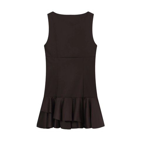 Vestido Mini Sin Mangas Para Mujer Cuello Barco Color Sólido Dobladillo Con Volantes Escalonados Ajustado Poliéster