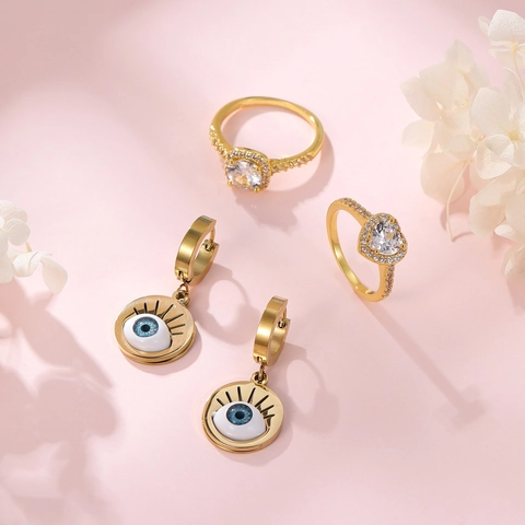 Set di Gioielli con Anello a Cuore in Acciaio Inossidabile Anello Quadrato con Zirconia Orecchini Malocchio per Donna Gioielli Quotidiani