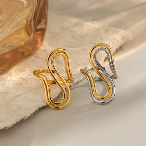Wave Irregular Ring Stainless Steel 18K Gold Plated Geometric Adjustable Open Jewelry Hypoallergenic For Women