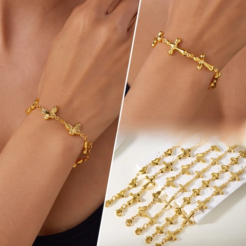 Braccialetti a Catena in Acciaio Inossidabile con Farfalla Cuore Croce per Uomo Donna Gioielli Placcati Oro Regolabili