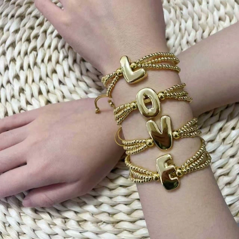Mode Goud Koperen Kralen Armband Met Grote Puffy Alfabet Letter Initiaal A-Z Verstelbaar Koord Armband Voor Dames Heren