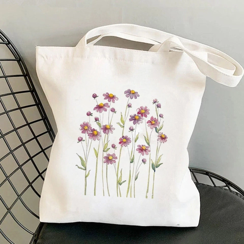Bolso De Lona Floral Para Mujeres Estampado De Flores Estéticas Bolsa De Compras Reutilizable Bolso De Hombro Casual