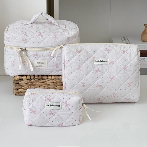 Borsa Trucco In Cotone Trapuntato Fiocco Rosa E Pois Organizzatore Cosmetico Portatile Grande Capacità Per Viaggio
