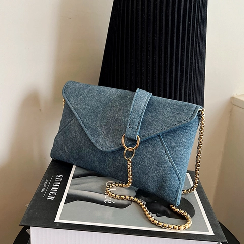 Envelope Crossbody Bag Women PU Leather Denim Texture Shoulder Purse Gold Chain Strap Minimalist Flap Handbag