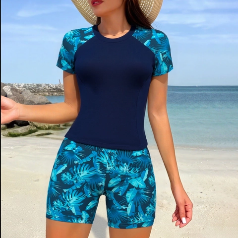 Damen Kurzarm Rash Guard Oberteil Und Boy Leg Shorts Tropischer Blattdruck Sonnenschutz Sportliche Badebekleidung