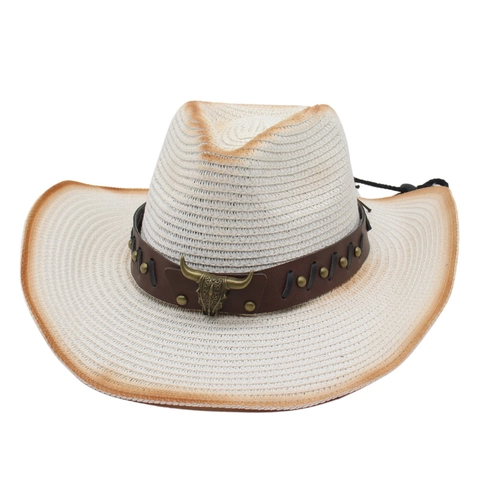 Western Cowboy Straw Hat With Bull Head Metal Decor Handwoven Gradient Wide Brim Breathable Sun Hat For Men Women