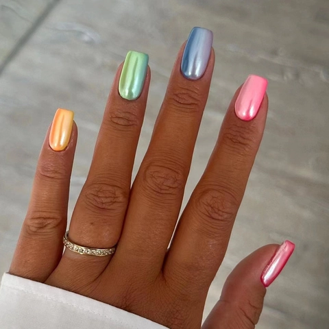 Press On Nails Metallic Aurora Polarized Finish Medium Square Head Fake Nails For Women Minimalist Fashion Candy Color