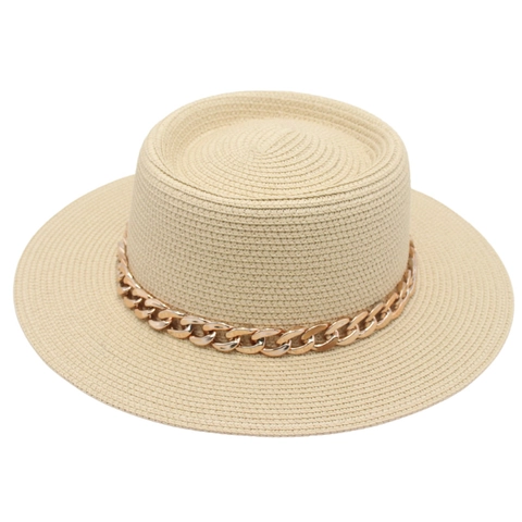 French Hepburn Style Dome Straw Hat For Women With Gold Acrylic Chain Sun Protection Breathable Beach Vacation Fedora Hat