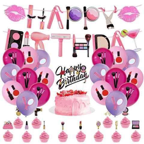 Makeup Theme Birthday Party Banner Cake Toppers And Latex Balloons Lipstick Lips Beauty Cosmetics Paper Party Supplies