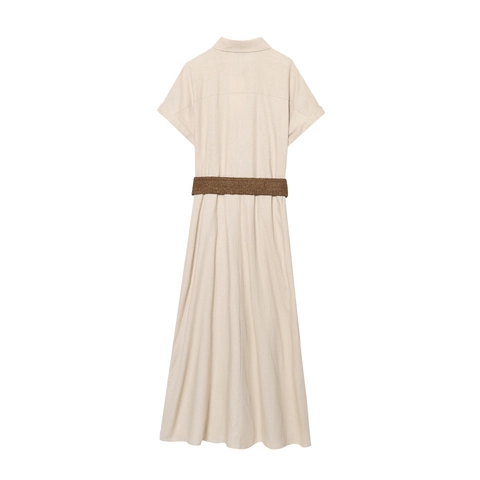 Women Short Sleeve Linen Blend Shirt Dress Belted Lapel Collar Button Down Slim Fit Solid Color Elegant Maxi Dress